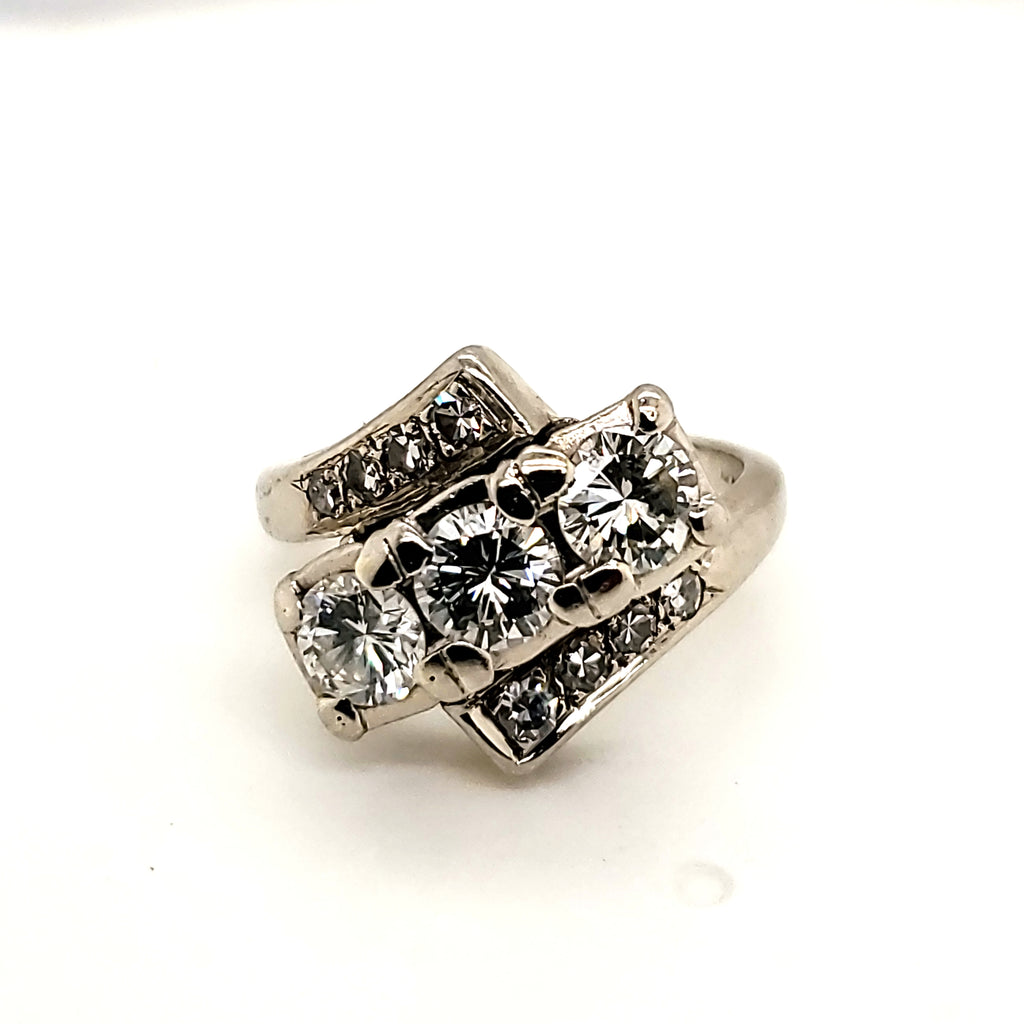 Vintage Mid-century 14kt white Gold and Diamond Bypass Ring