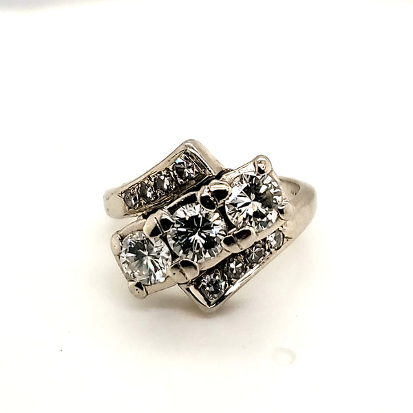 Vintage Mid-century 14kt white Gold and Diamond Bypass Ring