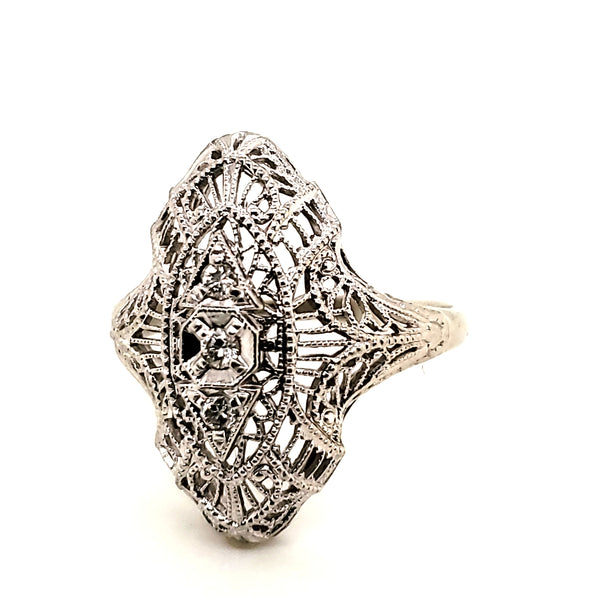 Vintage 14kt White Gold Filigree Diamond Dinner Ring