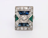 Platinum Diamond, Sapphire, and Emerald Ring
