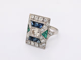 Platinum Diamond, Sapphire, and Emerald Ring
