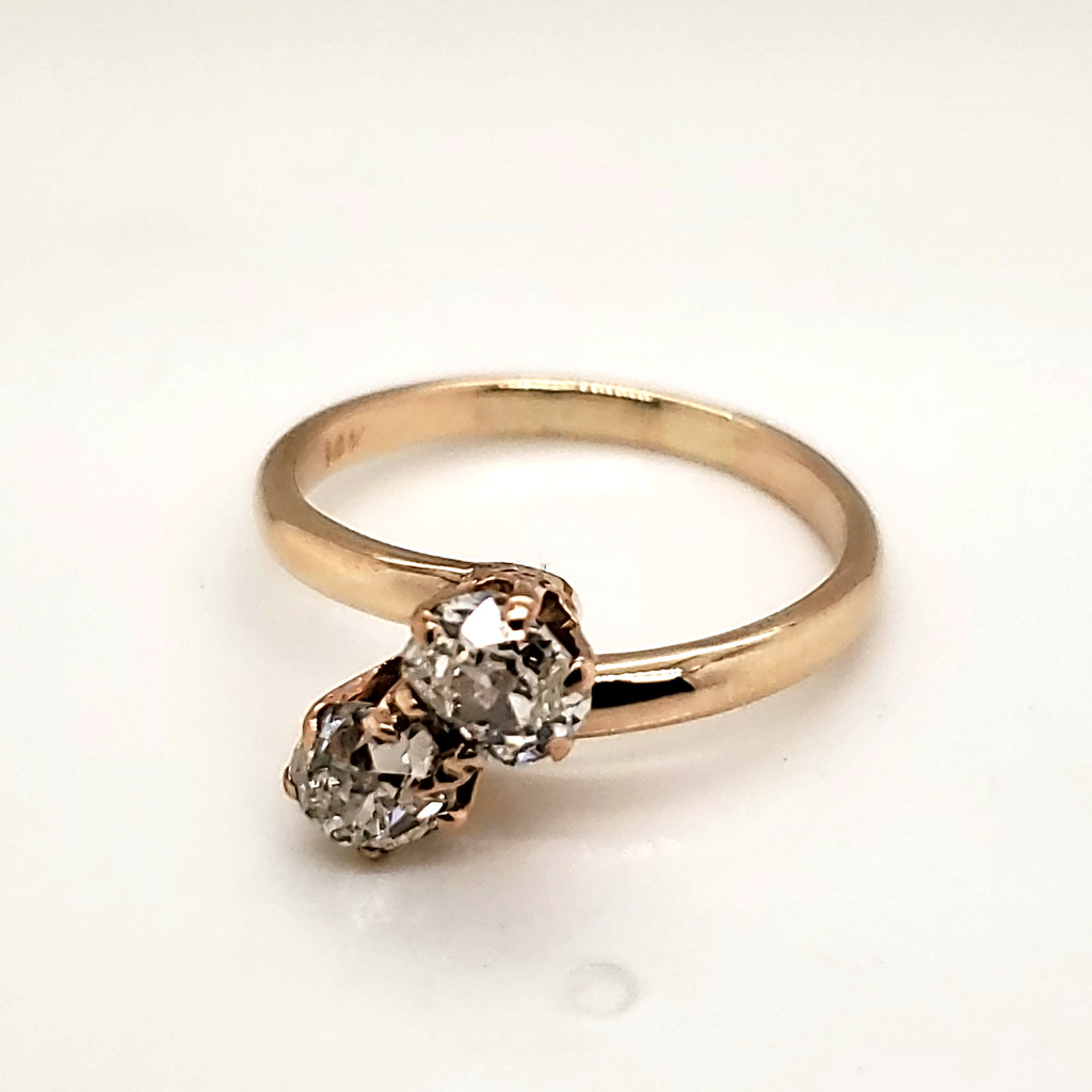 Antique Victorian 14kt Yellow Gold Toi et Moi Bypass Mine Cut Diamond Ring