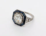Platinum and Diamond Ring with Blue Sapphire Halo
