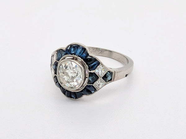 Vintage Platinum Ring with Diamonds and Blue Sapphires
