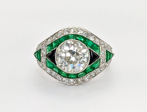 Platinum Art Deco-Inspired Diamond, Emerald, and Black Onyx Ring