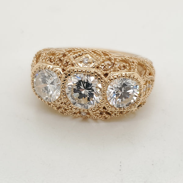 18kt Yellow Gold Three Round Diamond Filigree Ring