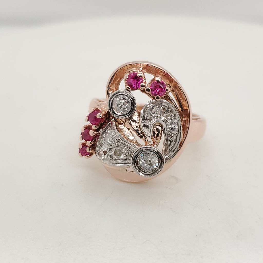 1940s Retro 14kt rose gold, diamond and ruby ring