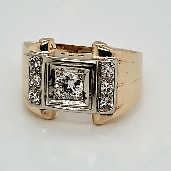 Vintage Mid-century Mens 14kt Yellow Gold and Diamond Ring