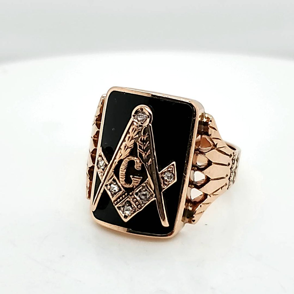 Vintage 14kt Rose Gold Onyx and Diamond Masonic Ring