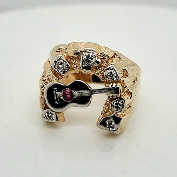 Vintage 14kt Yellow Gold Mens Diamond and Ruby Guitar Horseshoe Ring