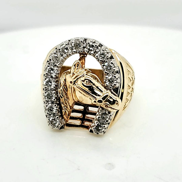 Vintage 10Kt Gold And Diamond Mens Diamond Horseshoe And Horse Head Ring