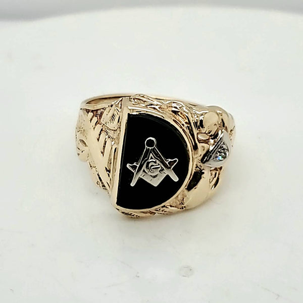 Vintage 14kt Rose Gold Onyx and Diamond Masonic Ring