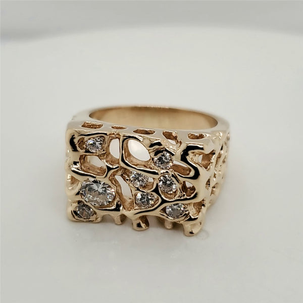 Vintage Mens 14kt Yellow Gold Diamond Nugget Ring