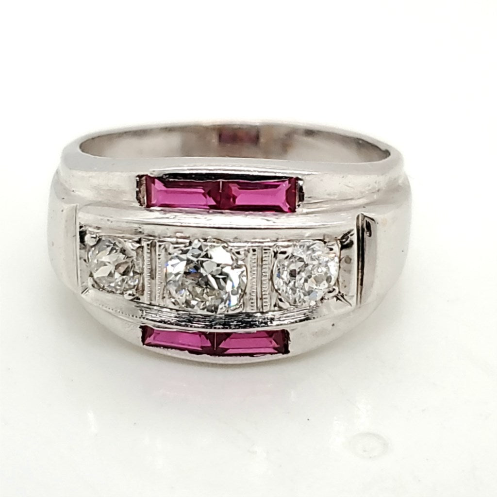 Vintage Mens 14kt White Gold Ruby and Diamond Ring