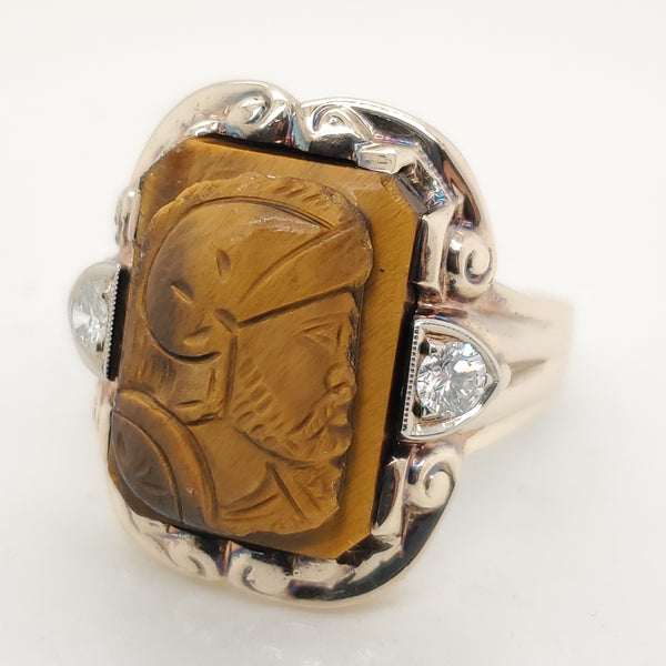 Vintage 10kt Yellow Gold Tigers Eye and Diamond Ring