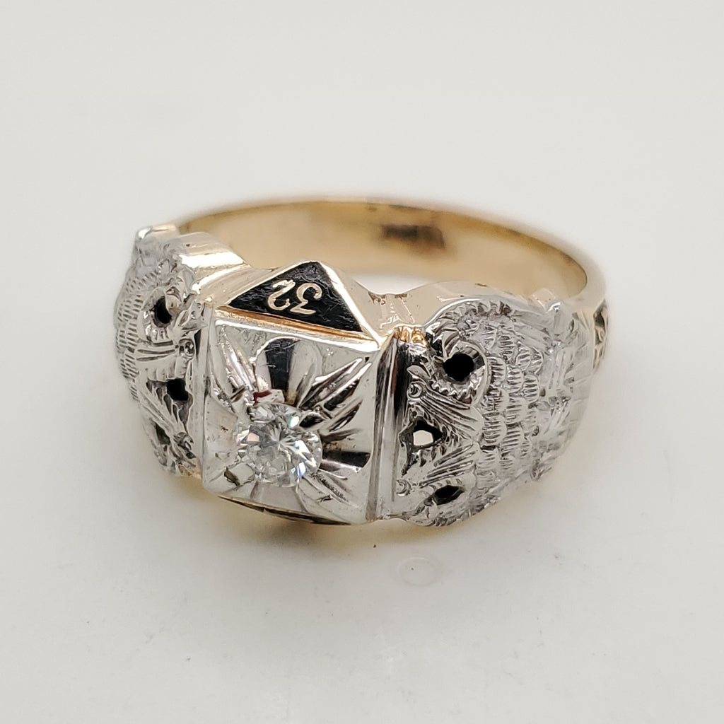 Vintage Mid-Century 10Kt Gold And Diamond Masonic Ring