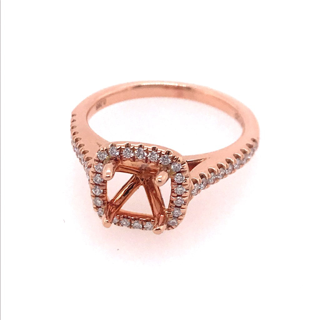 14kt Rose gold diamond semi-mount for a Cushion center.