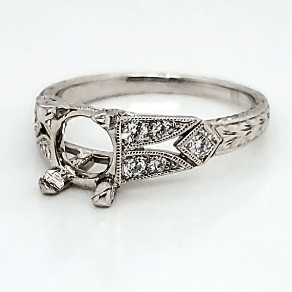 14kt white gold and diamond engraved Art Deco style ring setting