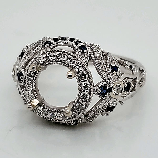 14Kt White Gold Diamond And Sapphire Filigree Ring Mounting