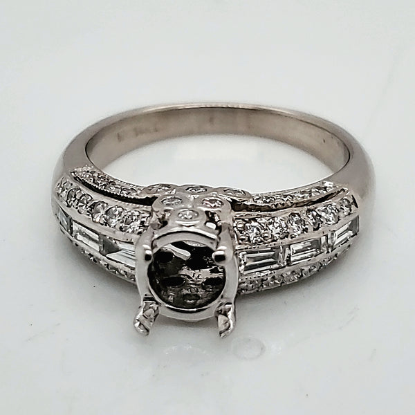 14kt White Gold Round and Baguette Diamond Engagement Ring Mounting