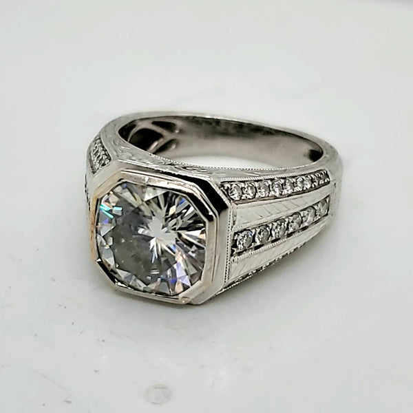 Hand Engraved 14kt White Gold Diamond Ring Mounting With a Moissanite in Center