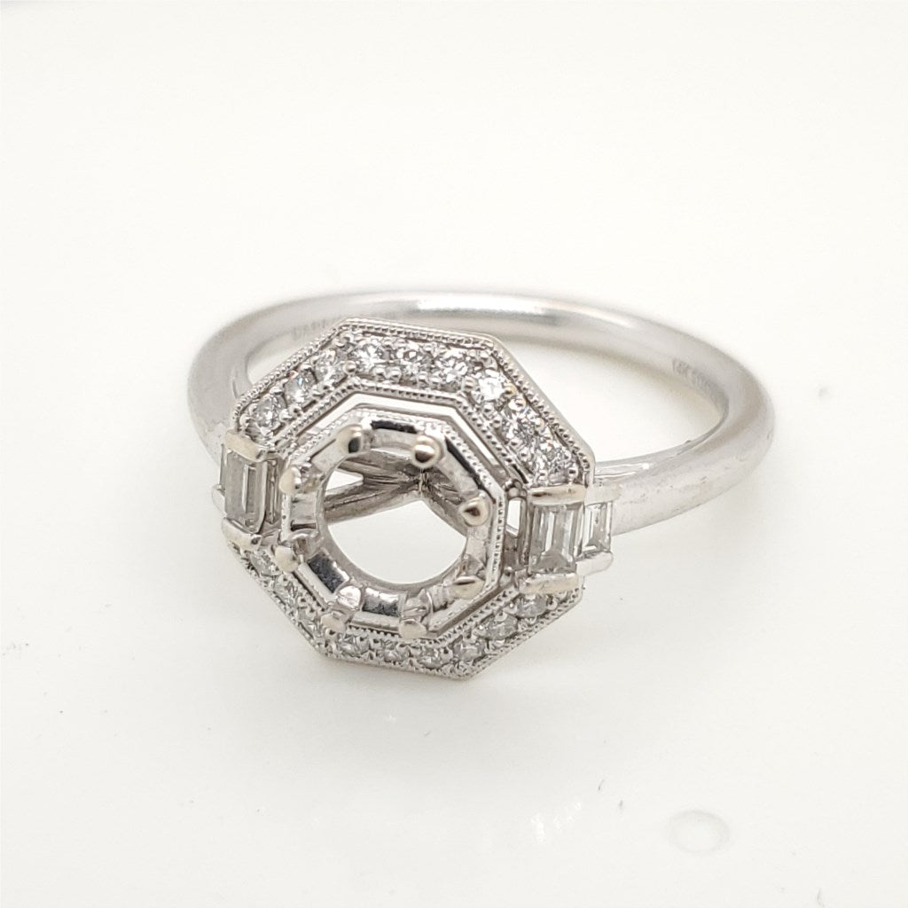 14kt White Gold Round and Baguette Diamond Engagement Ring Mounting