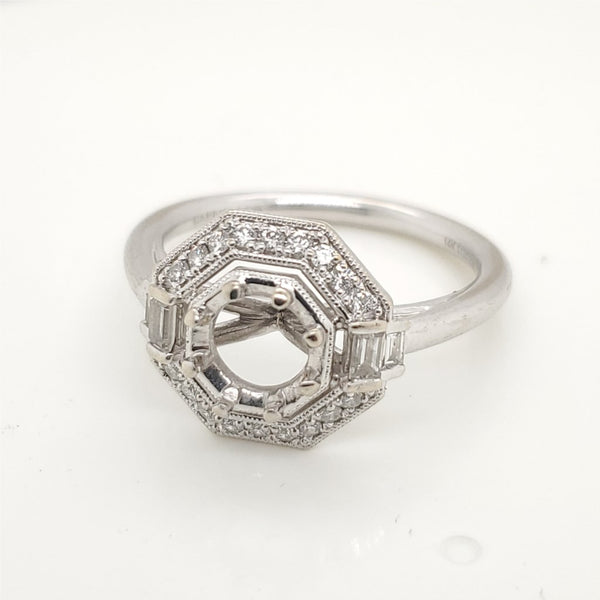 14kt White Gold Round and Baguette Diamond Engagement Ring Mounting