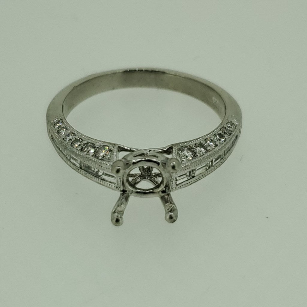 Platinum Round And Baguette Cut Diamond Engagement Ring Mounting