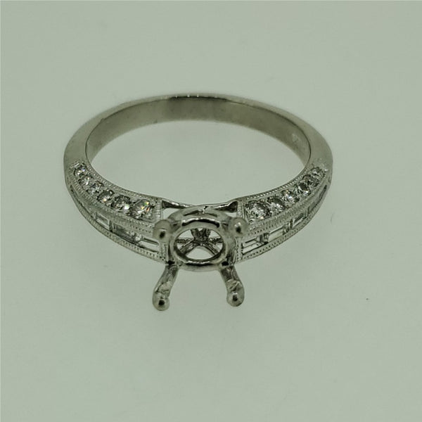 Platinum Round And Baguette Cut Diamond Engagement Ring Mounting