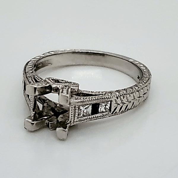 Engraved platinum diamond and sapphire engagement ring mounting