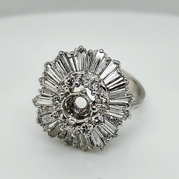 Vintage Platinum Round and Baguette Ballerina Style Ring Mounting