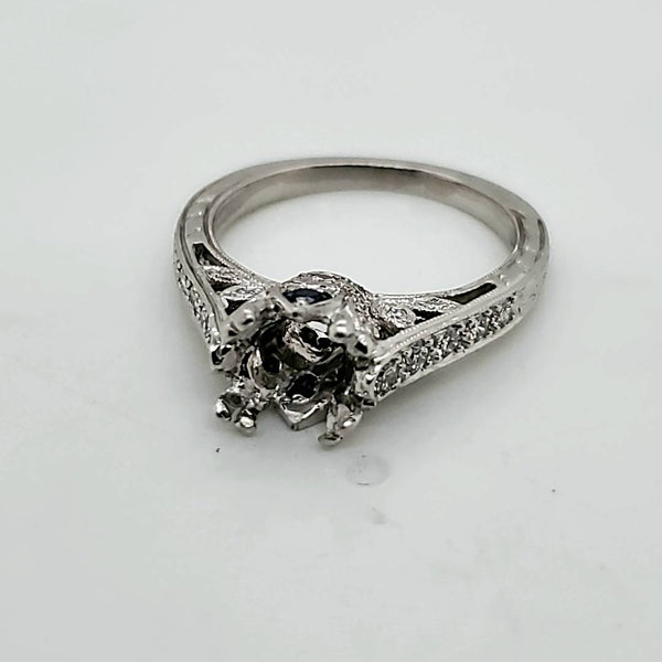 Engraved platinum diamond and sapphire engagement ring mounting