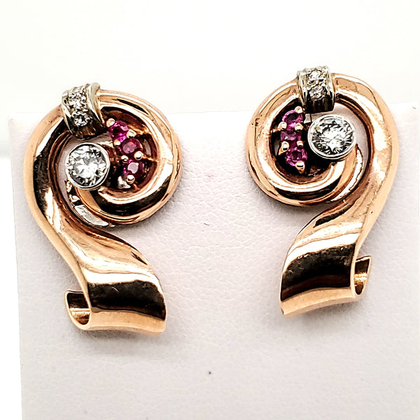 1940s Retro rose gold and platinum diamond and ruby earrings