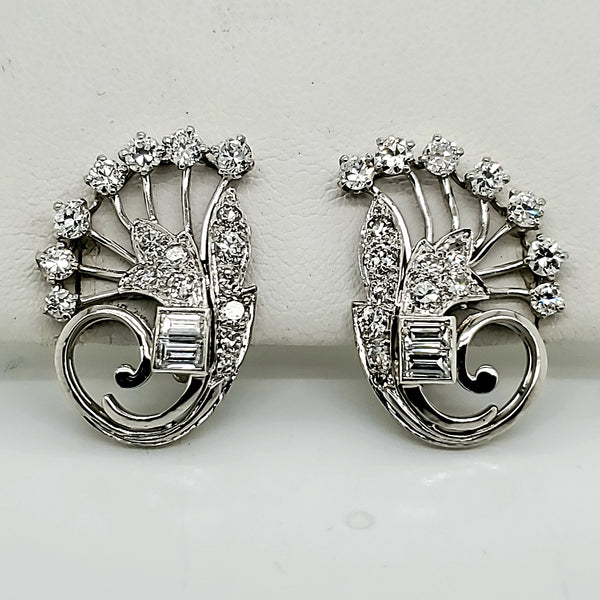 1950s Retro Platinum and Diamond Spray Earrings