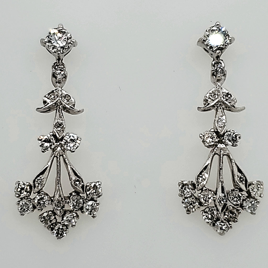 Vintage Mid Century 14Kt White Gold And Diamond Dangle Earrings