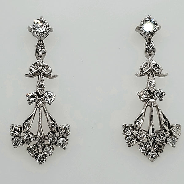 Vintage Mid Century 14Kt White Gold And Diamond Dangle Earrings