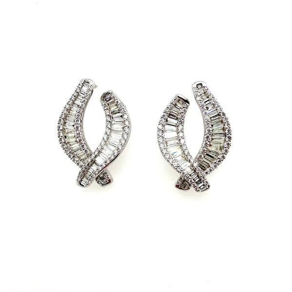 14kt White Gold Baguette And Brilliant Round Cut Diamond Wave Earrings