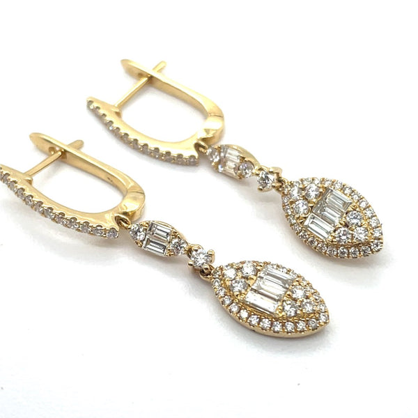 18kt Yellow Gold 1.17Ctw Brilliant Round And Baguette Cut Diamond Drop Earrings