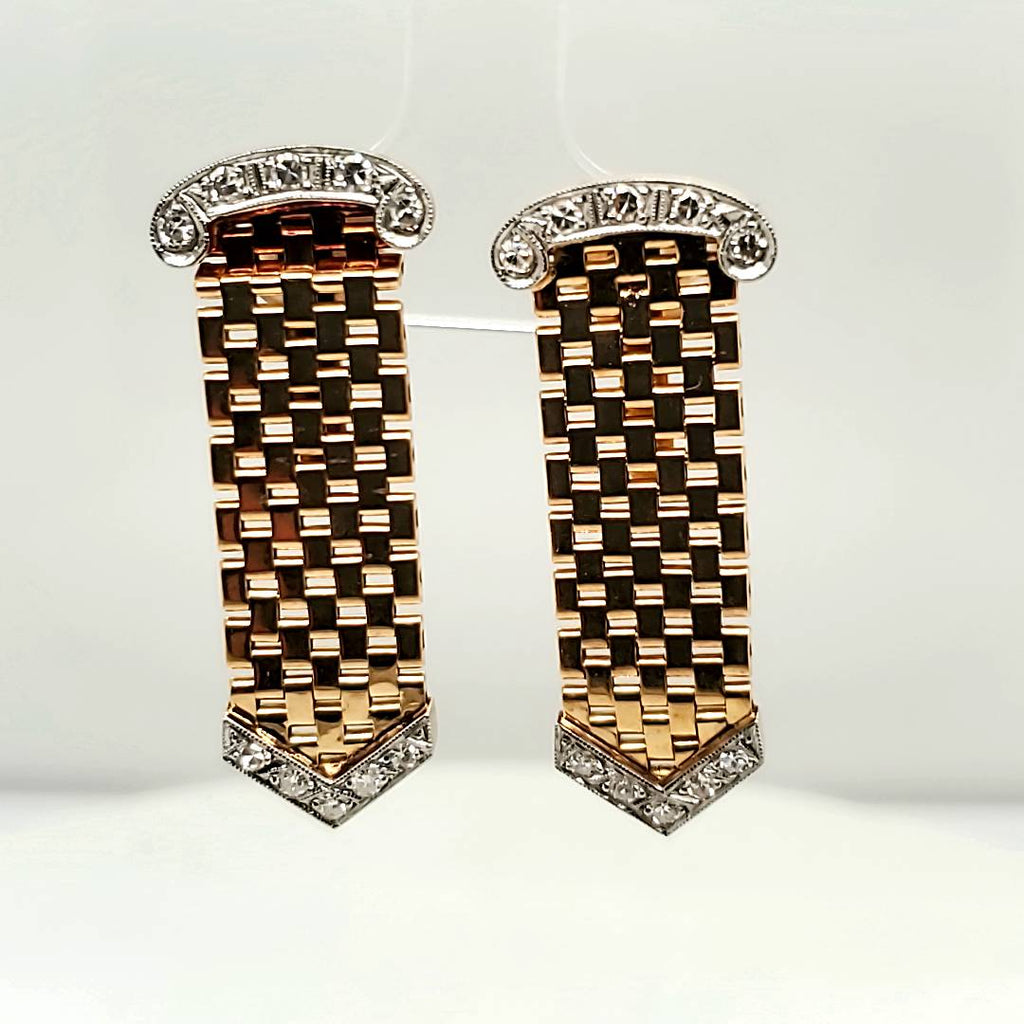 Vintage 18kt Yellow Gold and Diamond Mesh Buckle Earrings