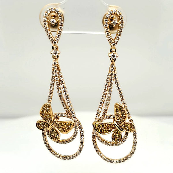 18kt Yellow Gold White and Yellow Diamond Dangle Earrings With Butterflies