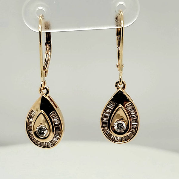 14kt Yellow Gold Round and Baguette Diamond Earrings