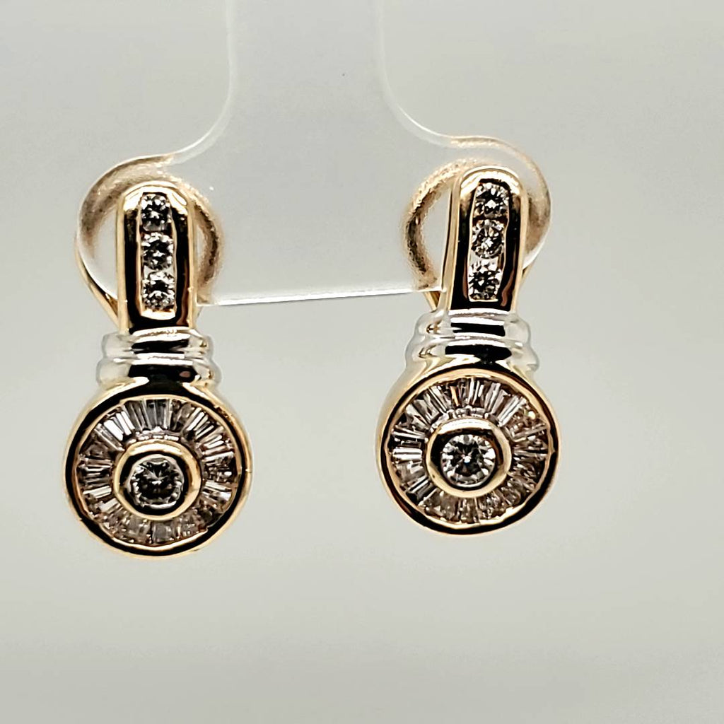 14kt Yellow Gold Round and Baguette Diamond Earrings