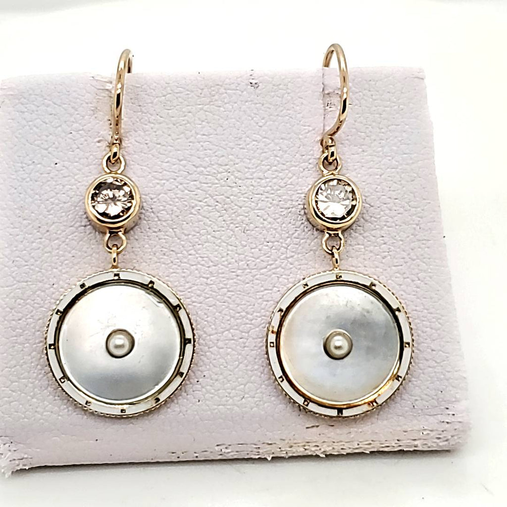 Art Deco Platinum On 14K Yellow Mother Of Pearl Diamonmd and Pearl Dangle Earrings