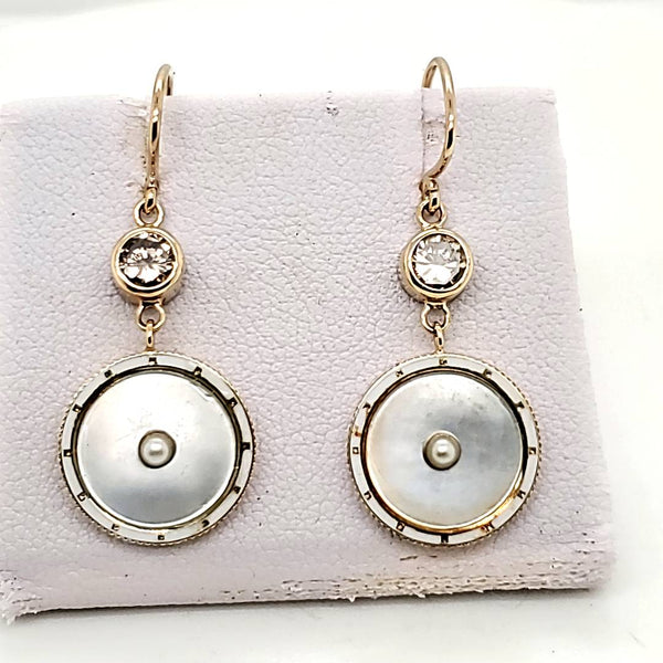 Art Deco Platinum On 14K Yellow Mother Of Pearl Diamonmd and Pearl Dangle Earrings