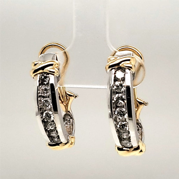 14Kt Yellow and White Gold Half Hoop Diamond Earrings