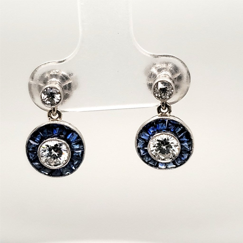 Art Deco Inspired Platinum Diamond and Sapphire Earrings