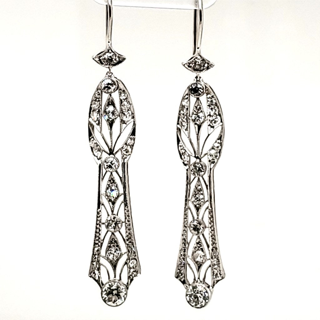 Art Deco Platinum Filigree Diamond Dangle Earrings