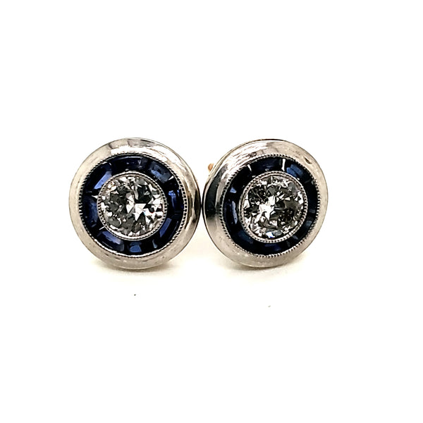 Platinum Diamond and Sapphire Stud Earrings