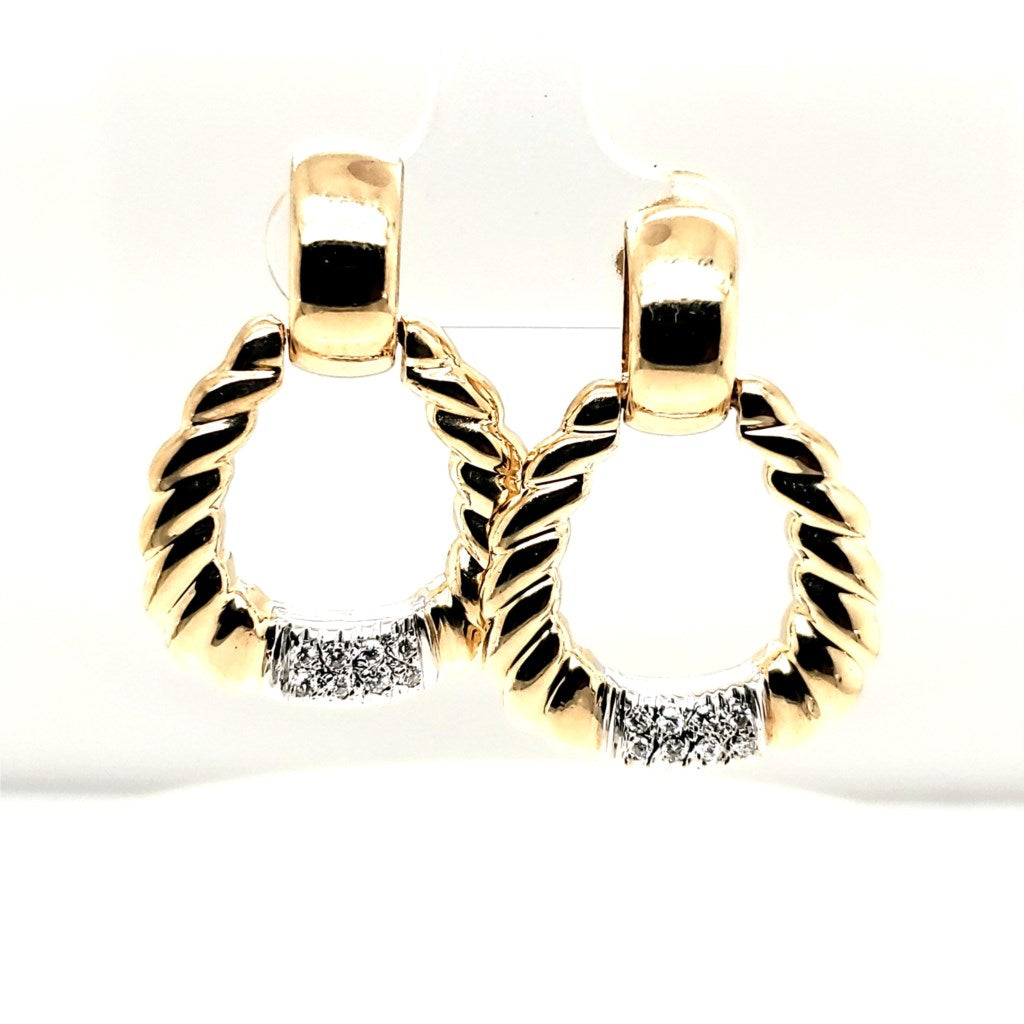 14Kt Yellow Gold And Diamond Ridged Door Knocker Earrings