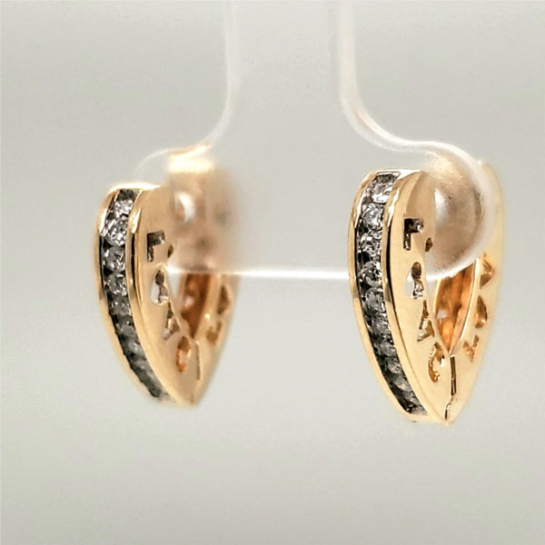 10kt Yellow Gold Heart Shaped Diamond Hoops with Love on Sides